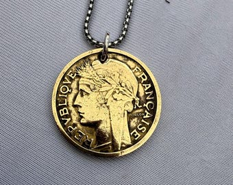 French Coin Pendant, France Necklace, French Marianne Pendant Francophile, Golden Coin Necklace