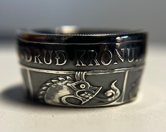 Icelandic Silver Coin Ring | Antique Finish Hand Made Iceland Silver Ring | Guardians of Iceland From an Authentic Silver 500 Kronur 1974