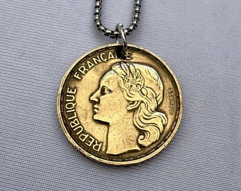 French Coin Pendant, France Necklace, French Marianne Pendant Francophile, Golden Coin Necklace