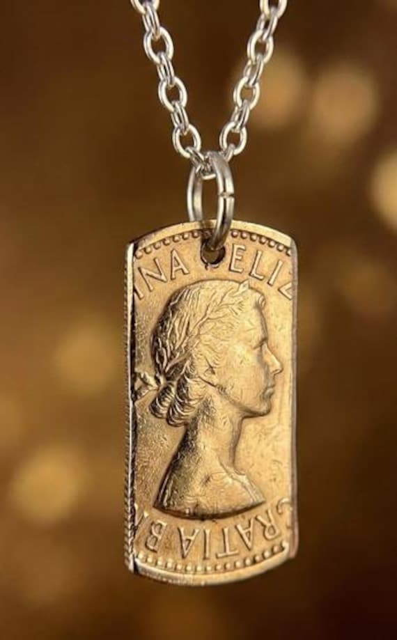Queen Elizabeth II Shilling Coin Pendant Necklace: 1960s UK Steel