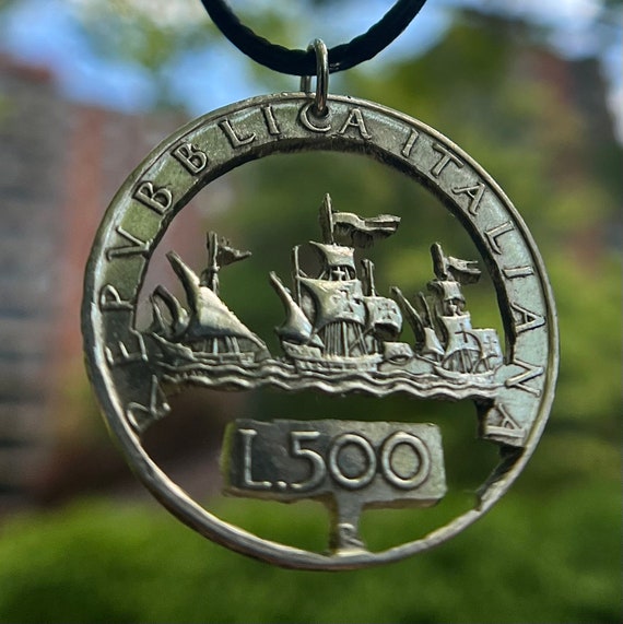 Silver Italian Handcarved Coin Pendant | 500 Lira Mens and Woman’s Handcut Sailing Fleet Pendant | Handmade Italian Unisex Necklace Pendant