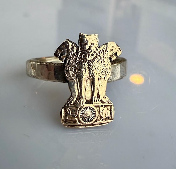 India Lion Ashoka Carved Ring, Mumbai Coin Ring, Hand Made Sterling Silver Naya Paisa Lion Signet