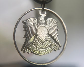 Handcut Egyptian Silver Tone Coin Eagle Necklace •Egyptian Arab Republic Pendant •Mens/Womens Egypt Necklace (Unisex)