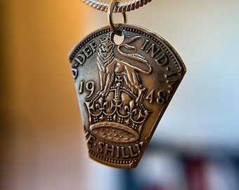 Hand Cut English Lion Coin Pendant: King George VI Shilling Necklace