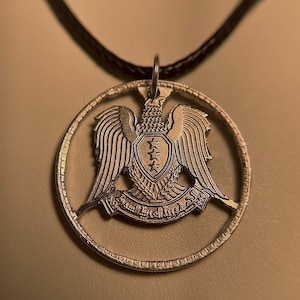 Handcut Syrian Silver Tone Coin Eagle Necklace •قلادة العملة السورية•Syrian Arab Republic Pendant •Mens/Womens Syrian Necklace (Unisex)