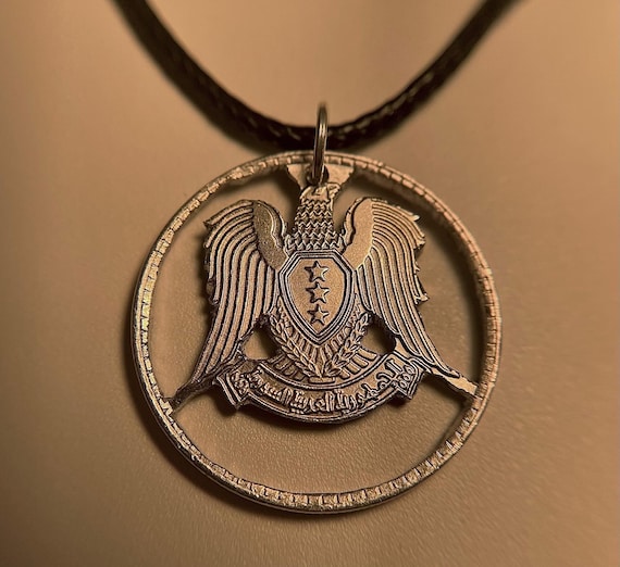 Handcut Syrian Silver Tone Coin Eagle Necklace •قلادة العملة السورية•Syrian Arab Republic Pendant •Mens/Womens Syrian Necklace (Unisex)