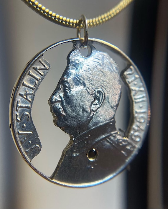 Joseph Vissarionovich Stalin Hand Carved Coin Pendant | Flush Setting Gem Opal | Soviet Era Czechoslovakian Stalin Silver Coin