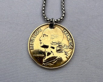 French Coin Pendant, France Necklace, French Marianne Pendant Francophile, Golden Coin Necklace