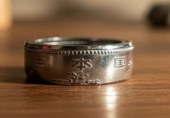 Handmade Japanese 500 Yen Coin Ring: Polished Nickel, Tokyo Japan