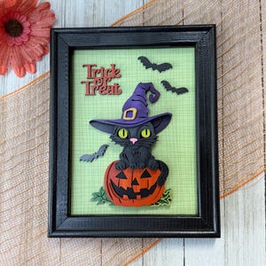 Halloween Black Cat on Pumpkin Indoor Decoration, Hand Painted Framed Wall Art for Spooky Season, Cute Cat on Pumpkin, and Bats, Witch Hat