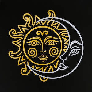 May include: A black and white illustration of a sun and moon with a stylized face on each. The sun is yellow and has a face with a curly eyebrow and a swirl design on each cheek. The moon is white and has a face with a single eye and a curved eyebrow.