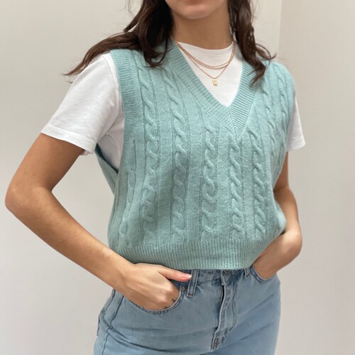 Handmade V-neck Mint Green Sleeveless 