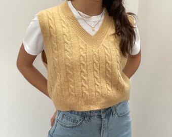 Handmade V-Neck Honey Mustard sleeveless slightly cropped cable knit sweater vest | Knit Sweater | Y2K clothing | Sweater Women | Y2K top