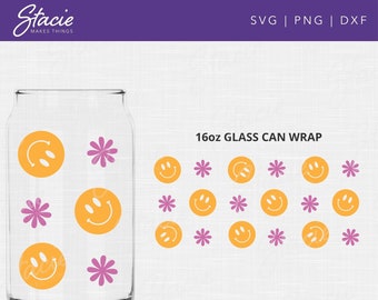 Smiley Face Glass Can Wrap SVG, 16oz Daisy Design (Digital Download)