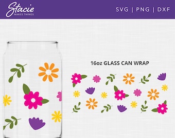 Wildflower 16oz Glass Can Wrap SVG, Spring Flower PNG, DXF