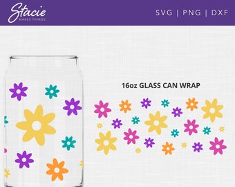 Daisy Flower 16oz Glass Can Wrap SVG, PNG, DXF