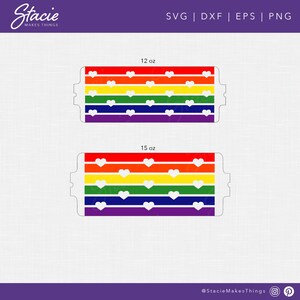 May include: Two printable designs for rainbow-coloured labels with white hearts. The labels are for 12 oz and 15 oz containers.