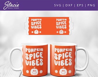 Envoltura de taza SVG con ambiente de calabaza y especias, diseño de taza completo (descarga digital)