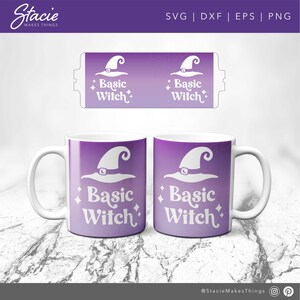 May include: A white ceramic mug with a purple ombre design. The mug has a white handle and features a white graphic of a witch's hat with the text "Basic Witch" on the front.