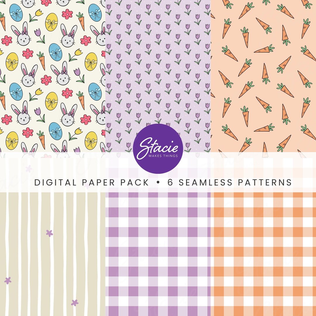 Easter Digital Paper Pack, Pastel Bunnies, Tulips, Gingham Seamless ...