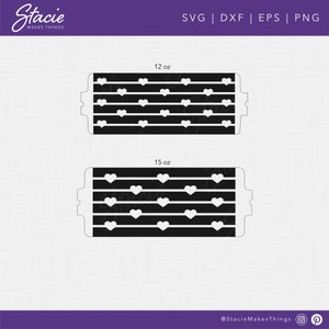 May include: Two black and white printable templates for creating gift boxes. The boxes are decorated with a pattern of white hearts on a black background. The templates are labelled "12 oz" and "15 oz".