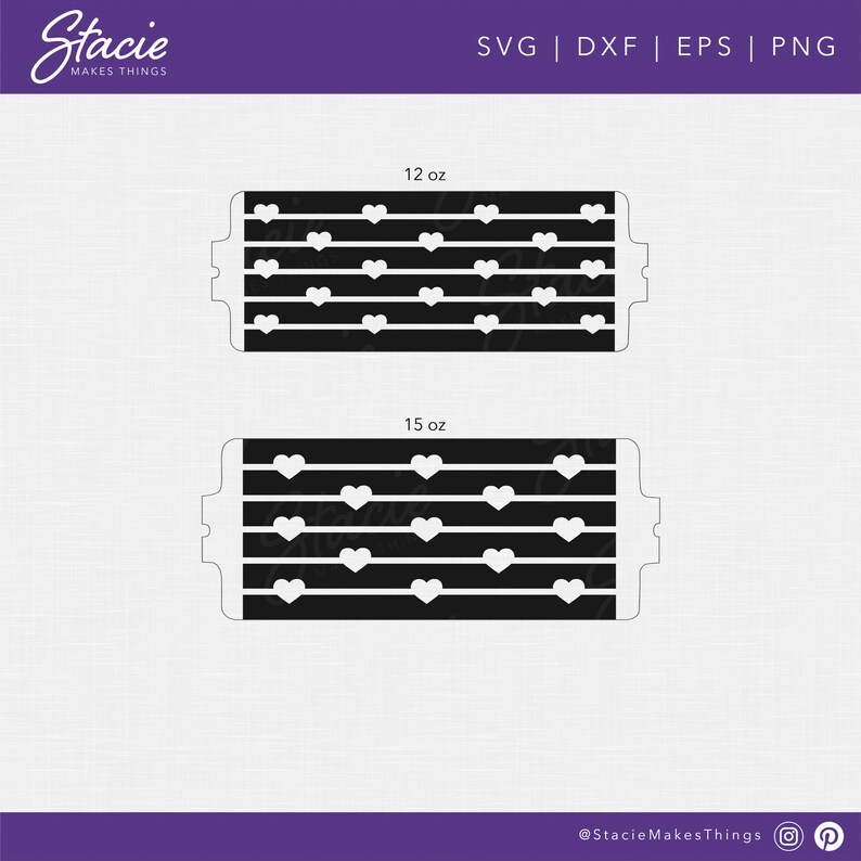 May include: Two black and white printable templates for creating gift boxes. The boxes are decorated with a pattern of white hearts on a black background. The templates are labelled "12 oz" and "15 oz".
