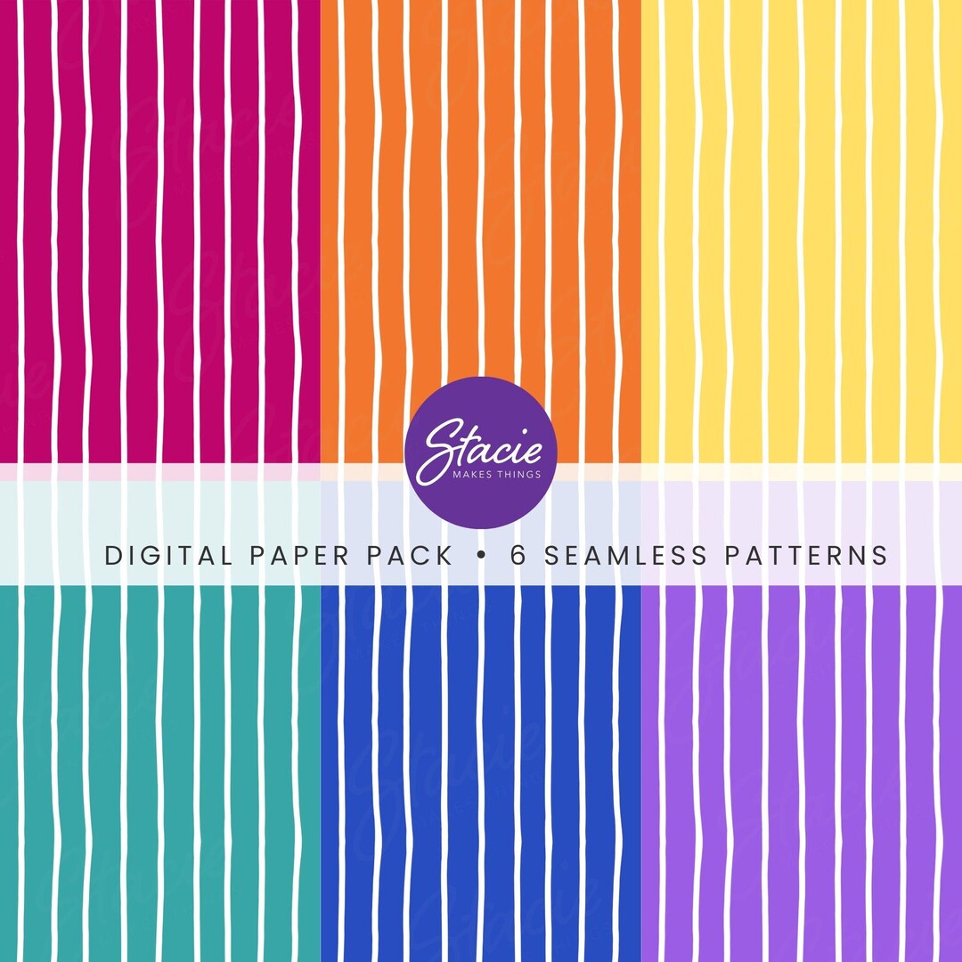Bright Hand Drawn Stripe Digital Paper Pack, Wavy Rainbow Seamless ...