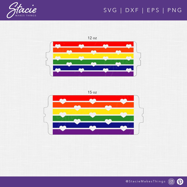 May include: Two printable designs for rainbow-coloured labels with white hearts. The labels are for 12 oz and 15 oz containers.