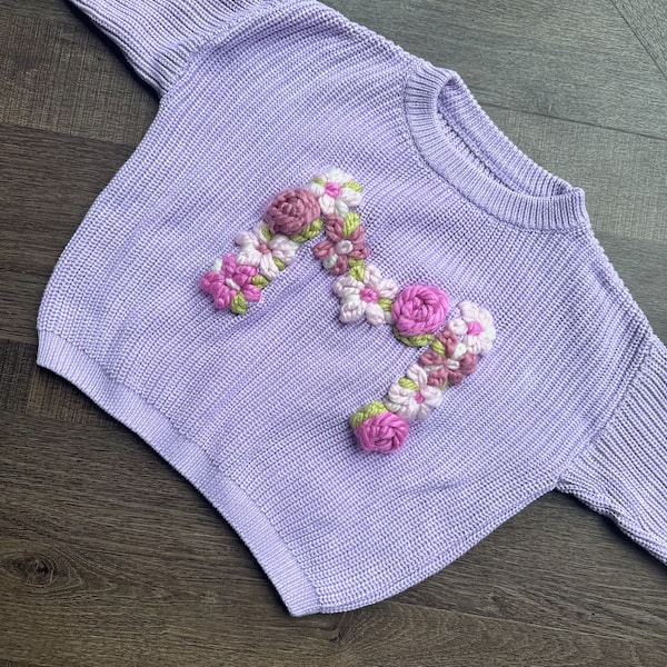 Hand Embroidered Floral Chunky Knit Jumper | Personalised Name Sweater | New Baby Announcement | Baby, Toddler, Child