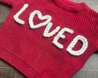 Hand Embroidered Chunky Knit Jumper | Ready Made Sweater | Baby Valentines Knit Jumper | 3-6 Months | So Loved |