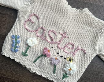 Hand Embroidered Flower Garden Cardigan | Bow Cardigan | Child, Toddler, Baby | Personalised | Ready Made | Birthday Gift | First Birthday |