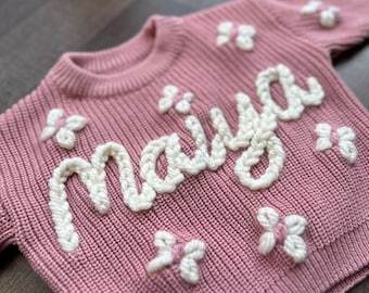 Hand Embroidered Chunky Knit Jumper | Personalised Name Sweater | New Baby Announcement | Baby, Toddler, Child