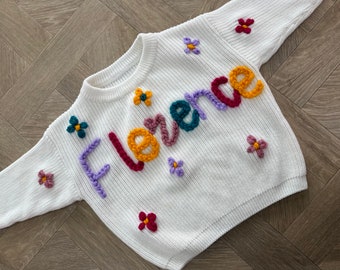 White Hand Embroidered Chunky Knit Jumper | Personalised Name Sweater | New Baby Announcement | Baby, Toddler, Child