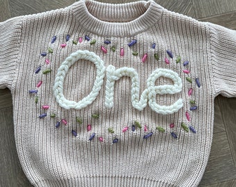 Hand-Embroidered First Birthday Jumper - Personalised Keepsake | Birthday Present | Birthday Outfit | Hand Embroidered Jumper