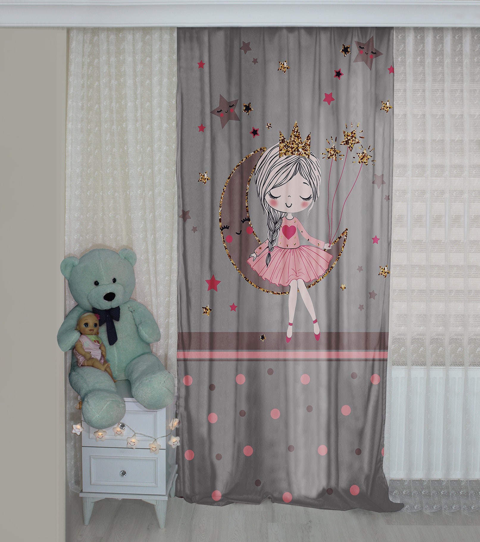Grey pink color curtain Princess Moon Star balloon patterned Etsy