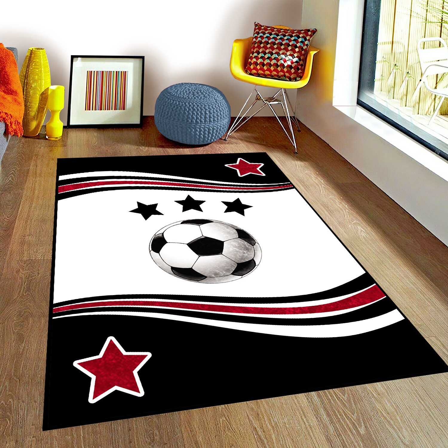 White Kids Room round carpet football soccer ball sports Etsy