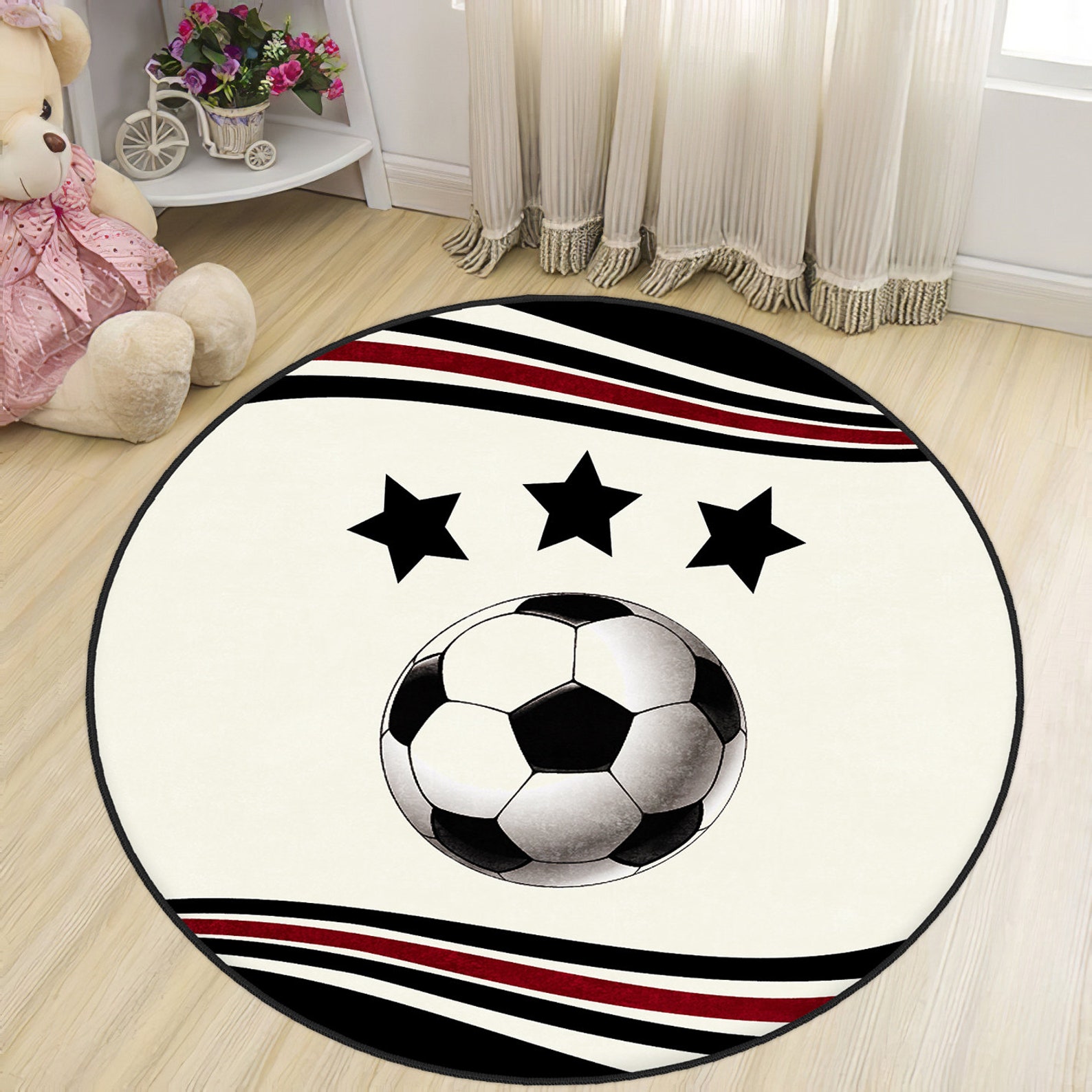 White Kids Room round carpet football soccer ball sports Etsy