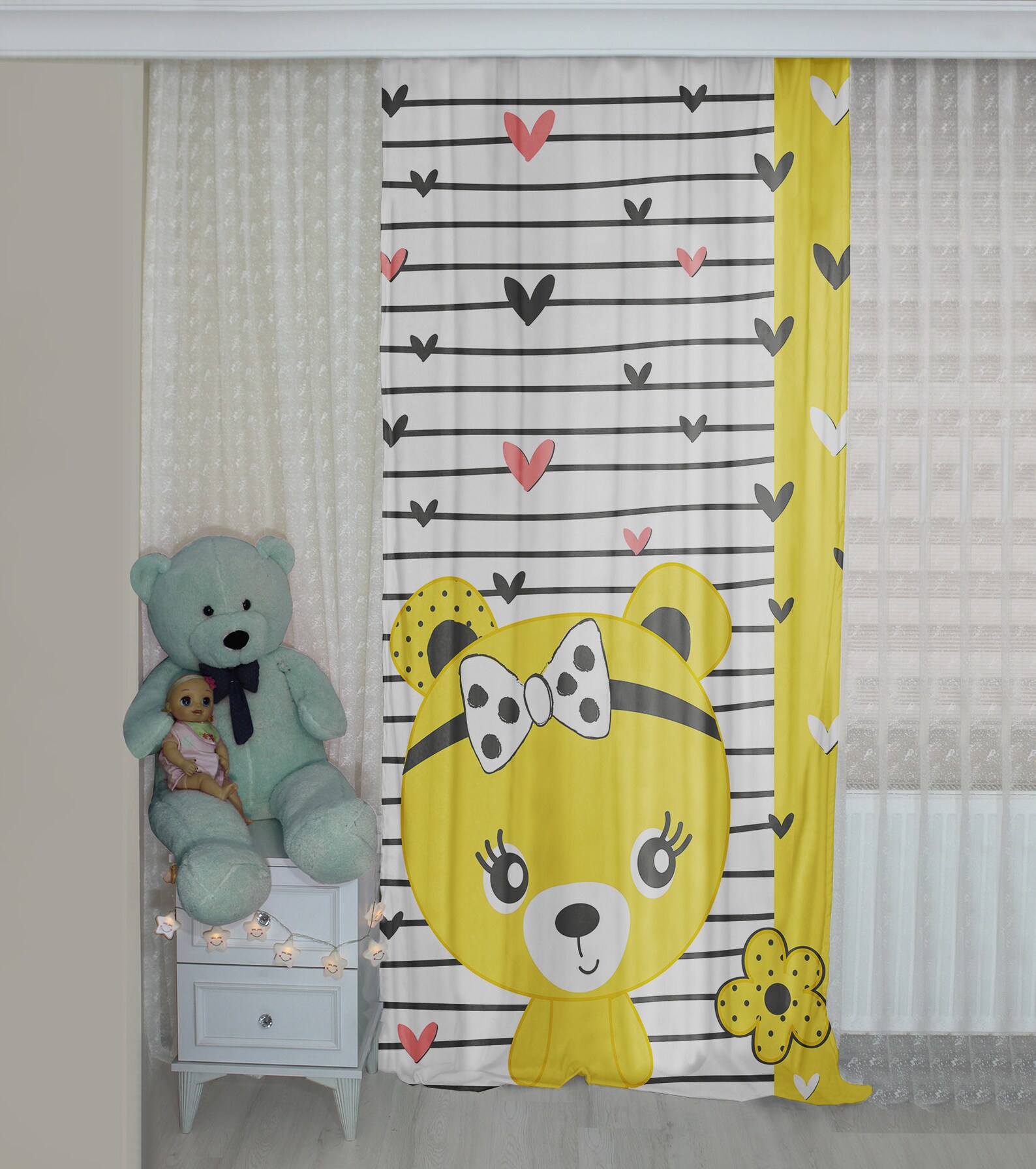 Weiß gelber Vorhang gelb Bär Herz gemustert Hintergrund | Etsy