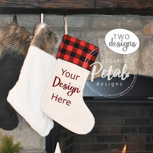 2 Designs | Mockup Christmas Stocking Buffalo Plaid Red Linen Left Right Facing Digital Download JPG Sublimation Mockup Fireplace Stocking