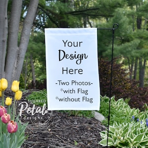 2 Designs | Mockup GartenFlagge und Halter | Digitaler Download JPG Sublimation | Mockup Outdoor Blumen | 2 Fotos Flagge und nur Halter Mockup