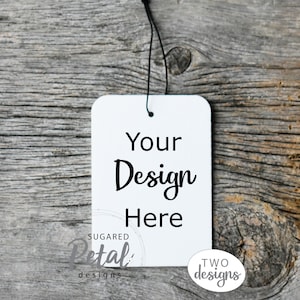 May include: White gift tag with black string, featuring the text "Your Design Here" and the logo "Sugar Petal Designs" in the bottom left corner. The tag is on a wooden background.