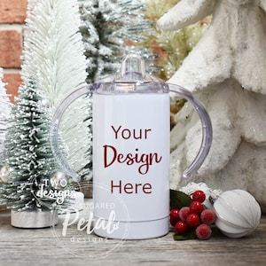 2 ONTWERPEN | Sippy Tumbler Mock-up met twee handgrepen | Mockup, Kids Tumbler, Digitale JPG Template, Sublimatie, Kerstboom Mock up