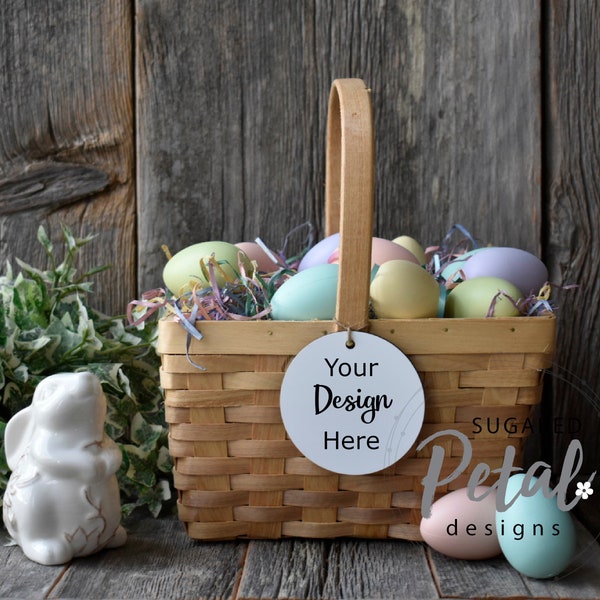 Easter Round Gift Tag Mockup | Digital Download JPG & PNG Sublimation Template | Easter Basket Gift Tag Ornament Blank Barn Wood Eggs Mockup