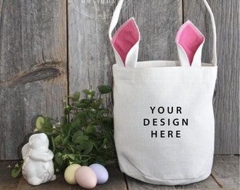 Three Designs | Easter Basket Bucket Tote with Pink Bunny Ears Eggs Barnwood Mock-up / Mockup Digital Download JPG Mockup