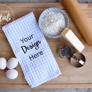 2 DESIGNS | Waffle Weave Towel Mockup | Digital Download JPG Template Sublimation | Cutting Board Baking Rolling Pin Eggs Butter Mock-up
