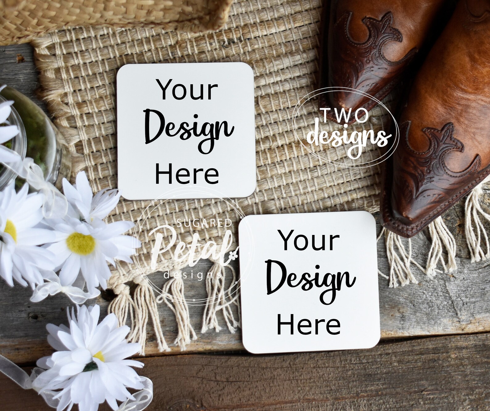 Download 2 Designs Single Double Square Coaster Mockup Cowboy | Etsy