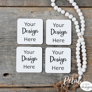 2 Designs | Square Coaster Mockup Quad & Double White Beads Background Digital Download JPG PNG Sublimation Template Square Four Two Mockup
