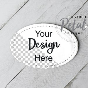 Oval Patch Mockup on White Wood | Digital Download JPG & PNG White Sublimation Oval Patch | Easy to Use PNG Template for Full Bleed Designs