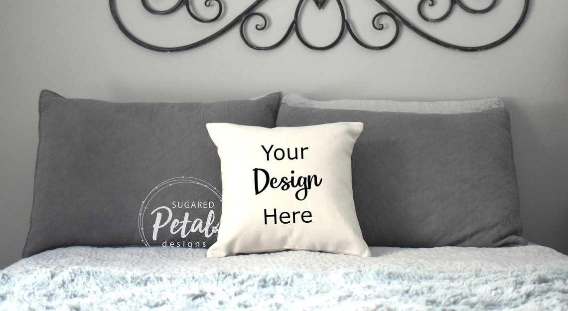 2 Designs Mockup Pillow Case Linen Bedroom Bed Blue Gray