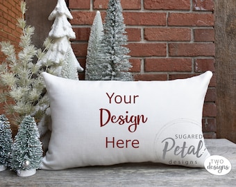 2 Designs | Mockup Lumbar Pillow Case Linen | Digital Download JPG Sublimation | Mockup Christmas Tree Holiday Theme | Lumbar Pillow Mockup